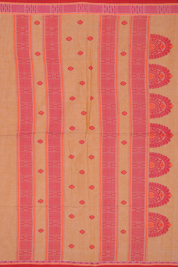 Bengal Cotton Saree In Brick Yellow With Floral Buttas