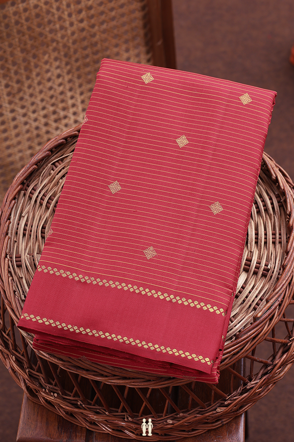 Kanchipuram Silk Saree In Red Along Stripes With Buttas