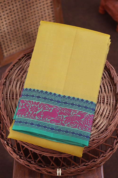 Kanchipuram Silk Saree In Yellow With Threadwork Border