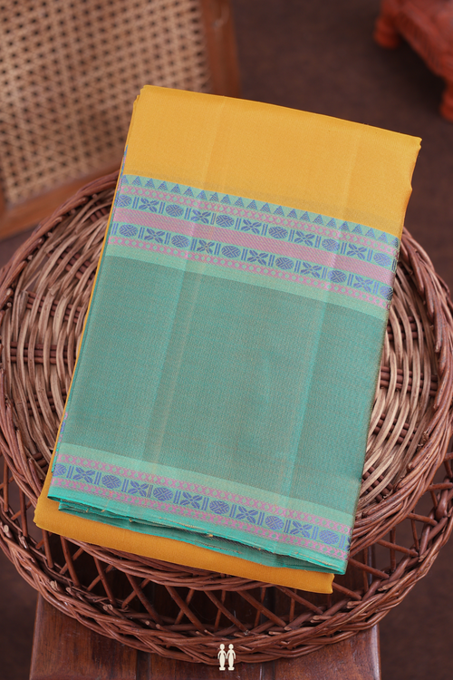 Kanchipuram Silk Saree In Saffron Yellow With Contrast Border