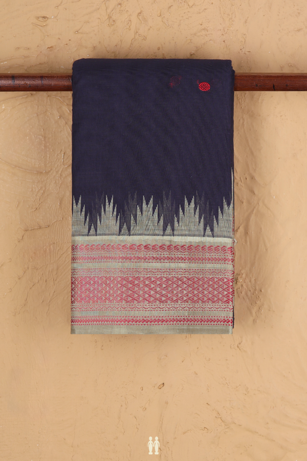 Kanchi Cotton Saree In Navy Blue With Silk Border
