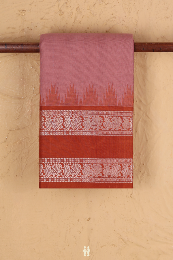 Kanchi Cotton Saree In Dusty Rose Pink With Temple Border