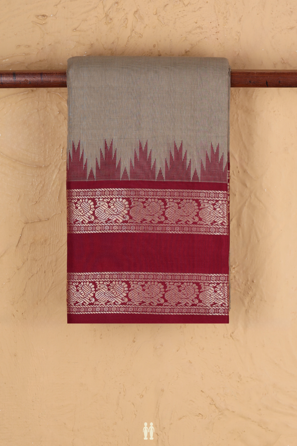 Kanchi Cotton Saree In Plain Khaki With Temple Border