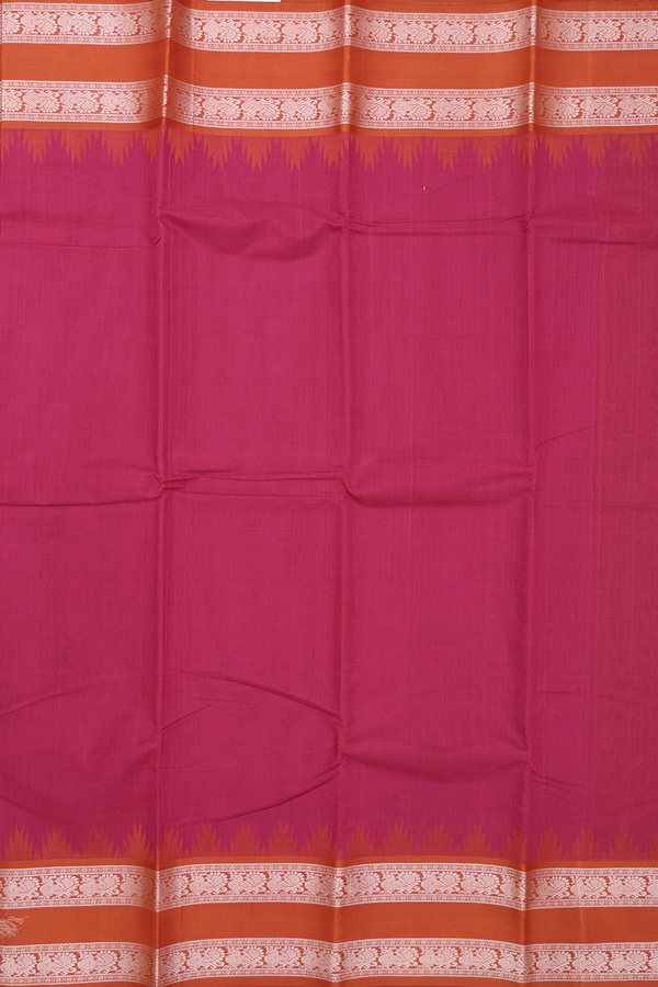 Kanchi Cotton Saree In Hibiscus Red With Temple Border