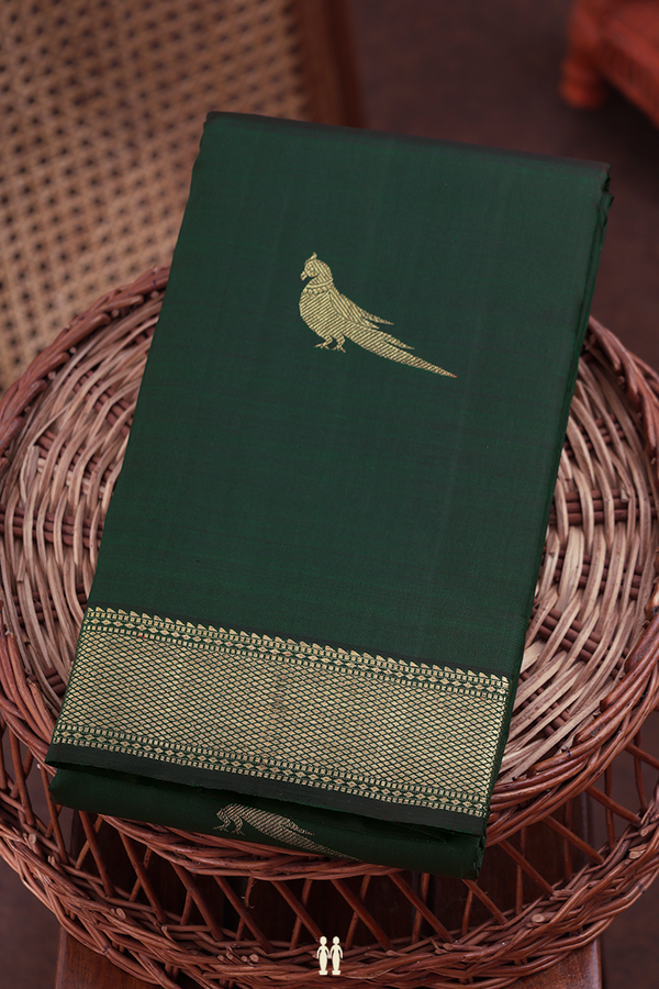 Kanchipuram Silk Saree In Forest Green With Parrot Motifs