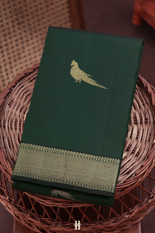 Kanchipuram Silk Saree In Forest Green With Parrot Motifs