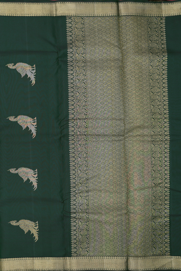 Kanchipuram Silk Saree In Forest Green With Parrot Motifs