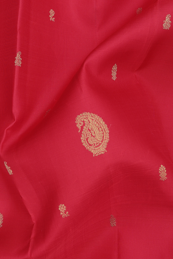 Kanchipuram Silk Saree In Scarlet Red With Paisley Buttas