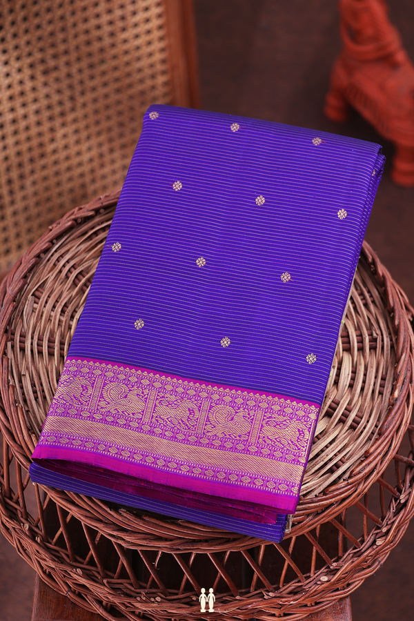Kanchipuram Silk Saree In Blue Along Stripes With Buttas
