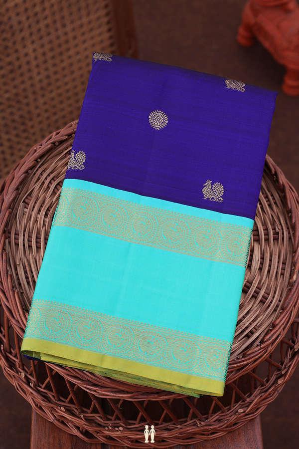 Kanchipuram Silk Saree In Royal Blue With Peacock Buttas