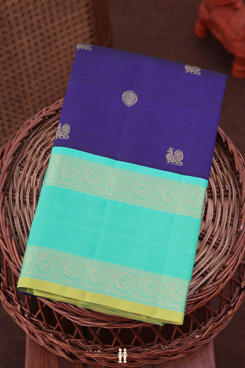 Kanchipuram Silk Saree In Royal Blue With Peacock Buttas
