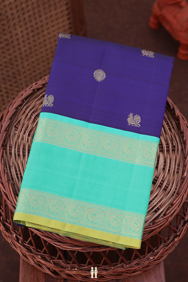 Kanchipuram Silk Saree In Royal Blue With Peacock Buttas