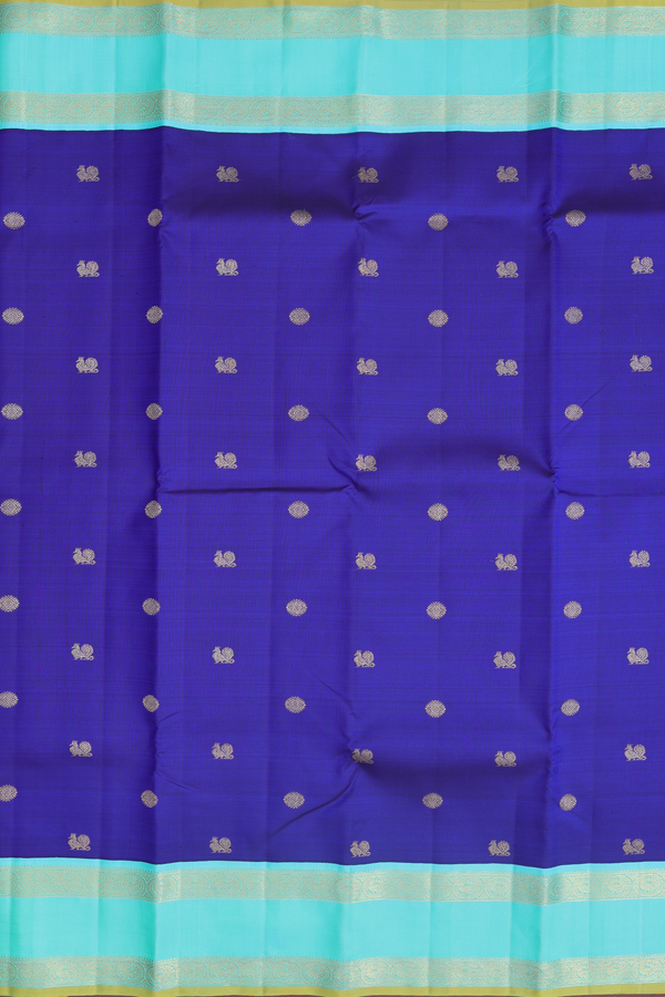 Kanchipuram Silk Saree In Royal Blue With Peacock Buttas