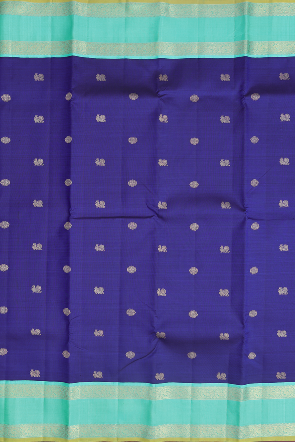 Kanchipuram Silk Saree In Royal Blue With Peacock Buttas