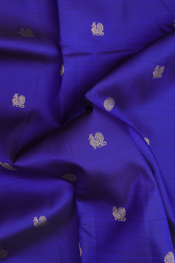 Kanchipuram Silk Saree In Royal Blue With Peacock Buttas