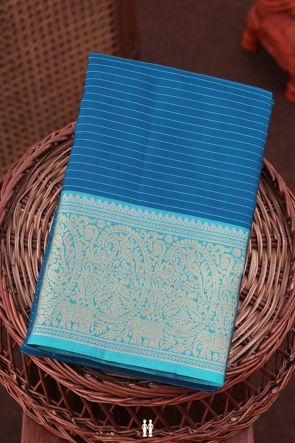 Kanchipuram Silk Saree In Dark Teal Blue With Stripes Design