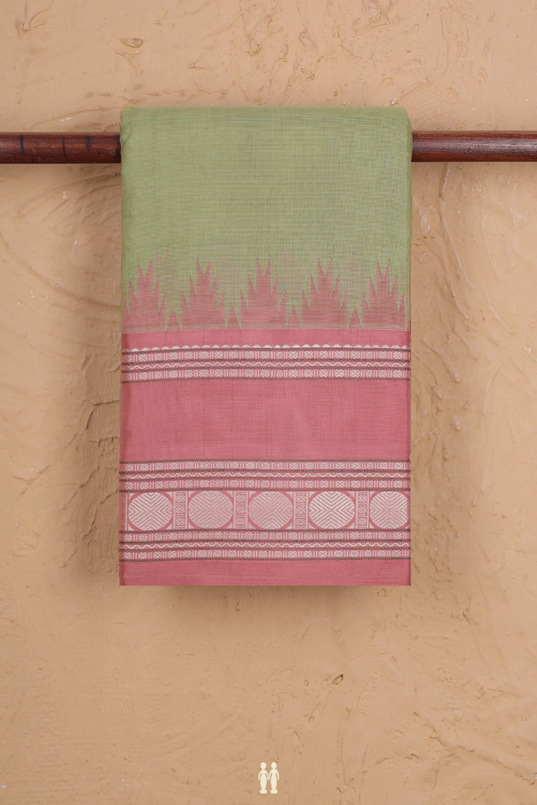 Kanchi Cotton Saree In Sage Green With Rudraksh Buttas