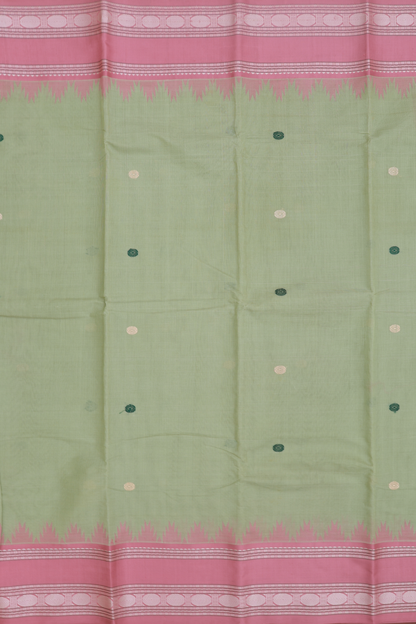Kanchi Cotton Saree In Sage Green With Rudraksh Buttas