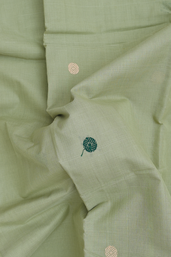 Kanchi Cotton Saree In Sage Green With Rudraksh Buttas