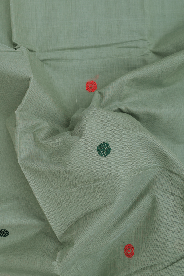 Kanchi Cotton Saree In Dusty Green With Threadwork Buttas