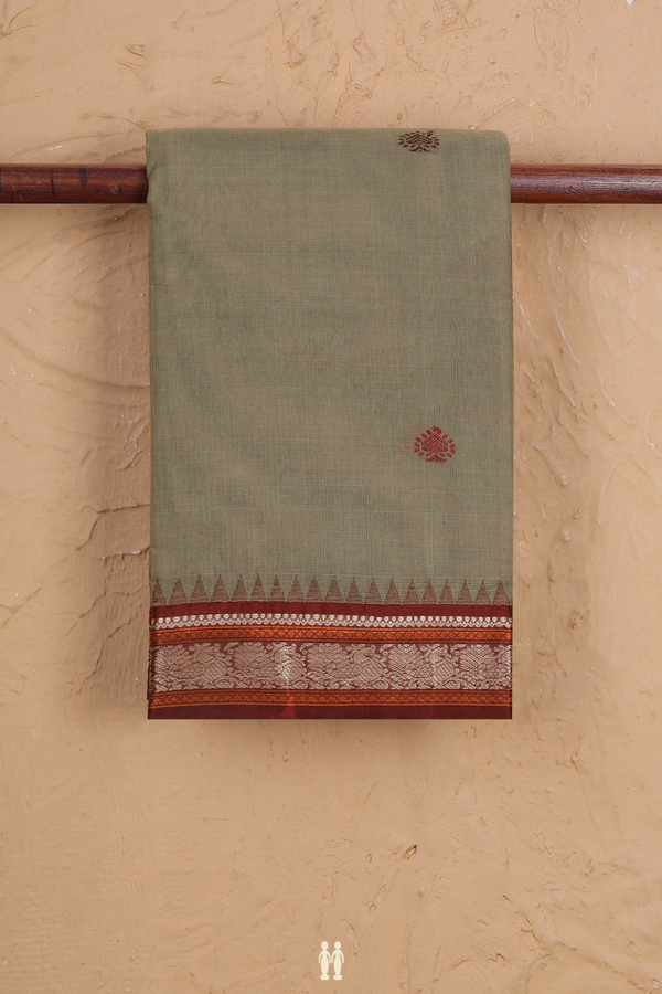 Kanchi Cotton Saree In Dark Khaki With Threadwork Buttas