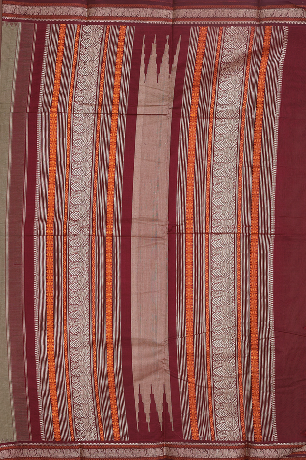 Kanchi Cotton Saree In Dark Khaki With Threadwork Buttas