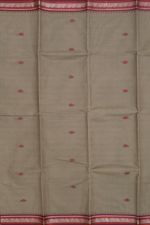 Kanchi Cotton Saree In Dark Khaki With Threadwork Buttas