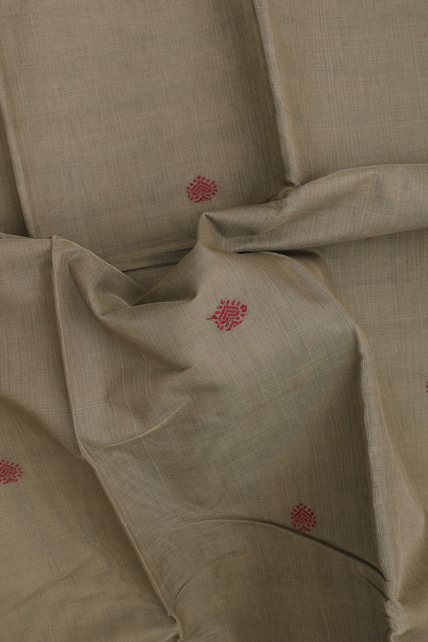 Kanchi Cotton Saree In Dark Khaki With Threadwork Buttas