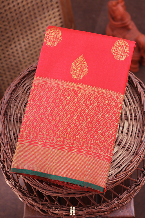 Kanchipuram Silk Saree In Vermillion Red With Zari Buttas