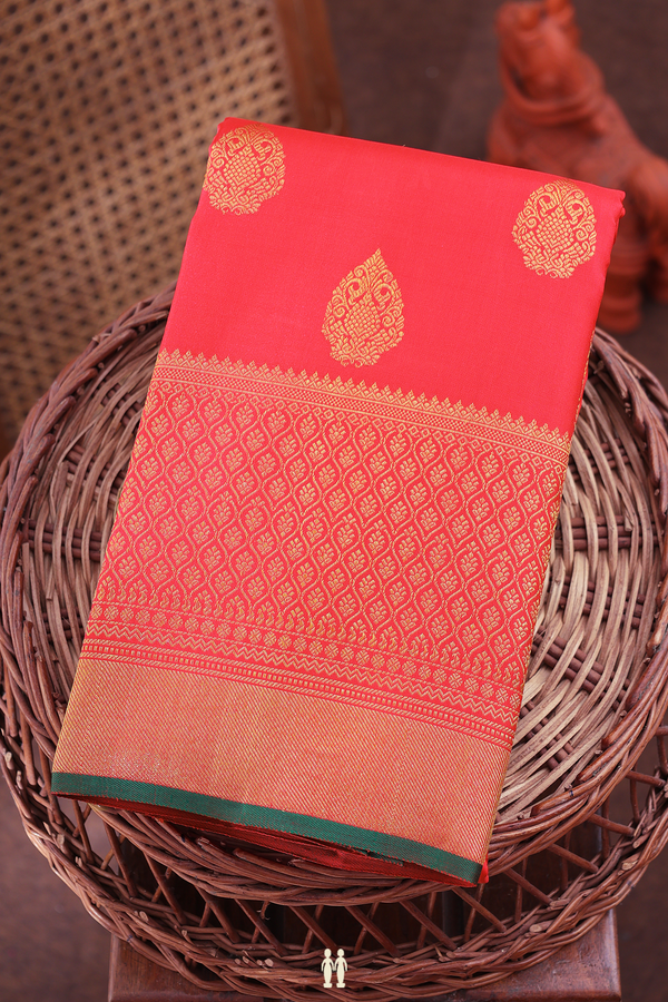Kanchipuram Silk Saree In Vermillion Red With Zari Buttas