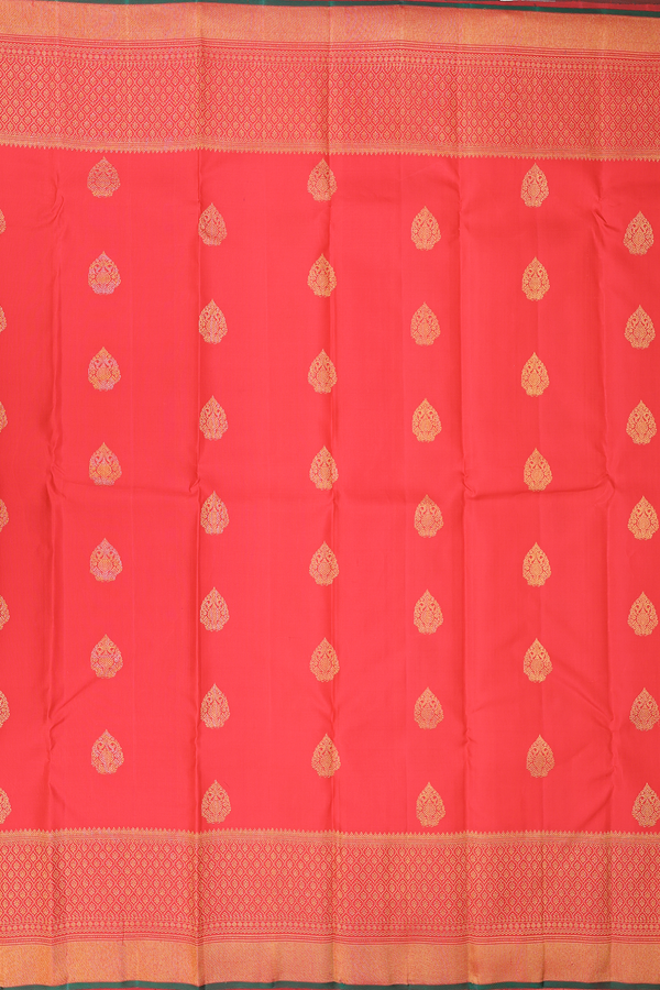 Kanchipuram Silk Saree In Vermillion Red With Zari Buttas