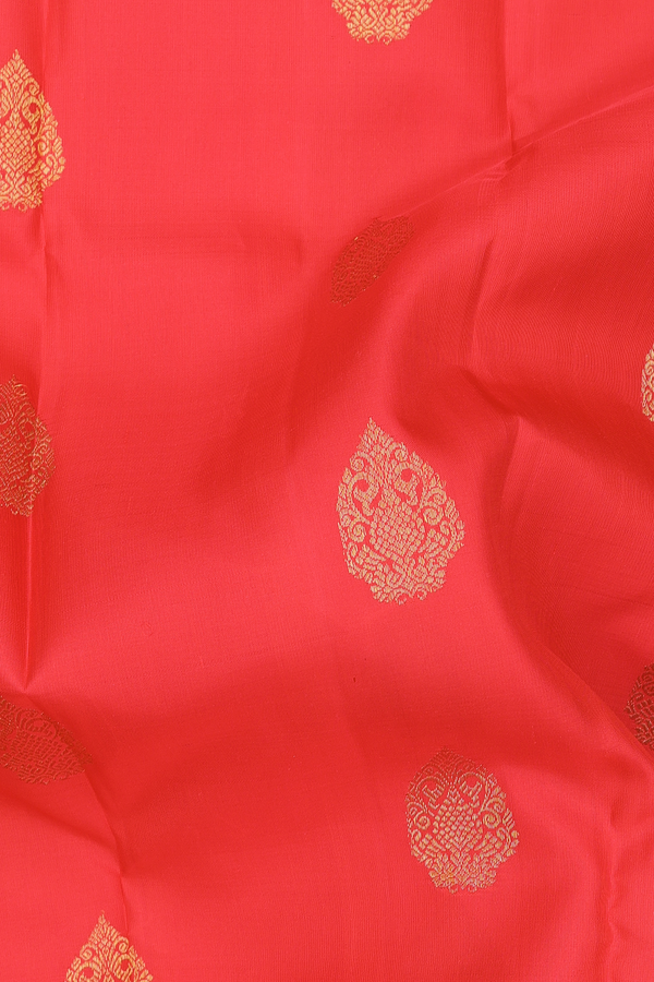 Kanchipuram Silk Saree In Vermillion Red With Zari Buttas