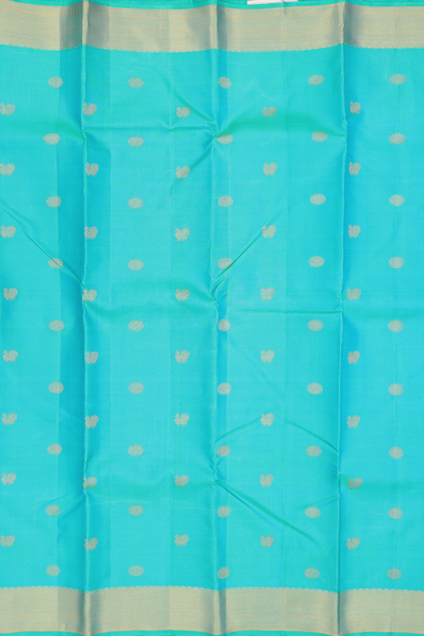 Kanchipuram Silk Saree In Tiffany Blue With Peacock Buttas