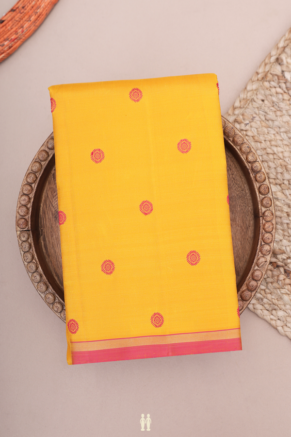 Kanchipuram Silk Saree Saffron Yellow With Threadwork Buttas