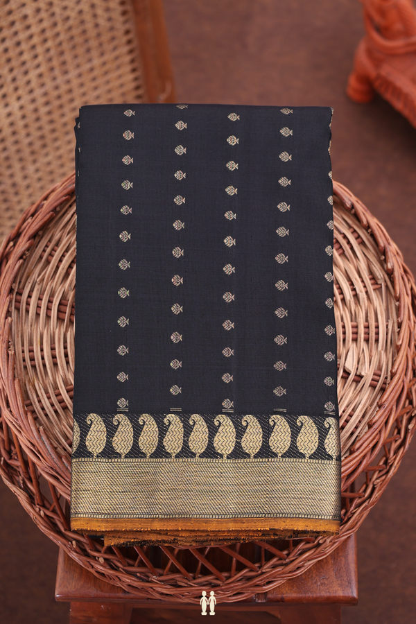 Kanchipuram Silk Saree In Black With Zari Buttis