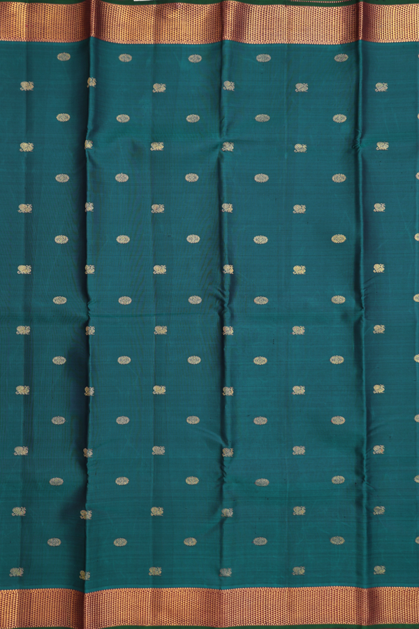 Kanchipuram Silk Saree In Pine Green With Peacock Buttas