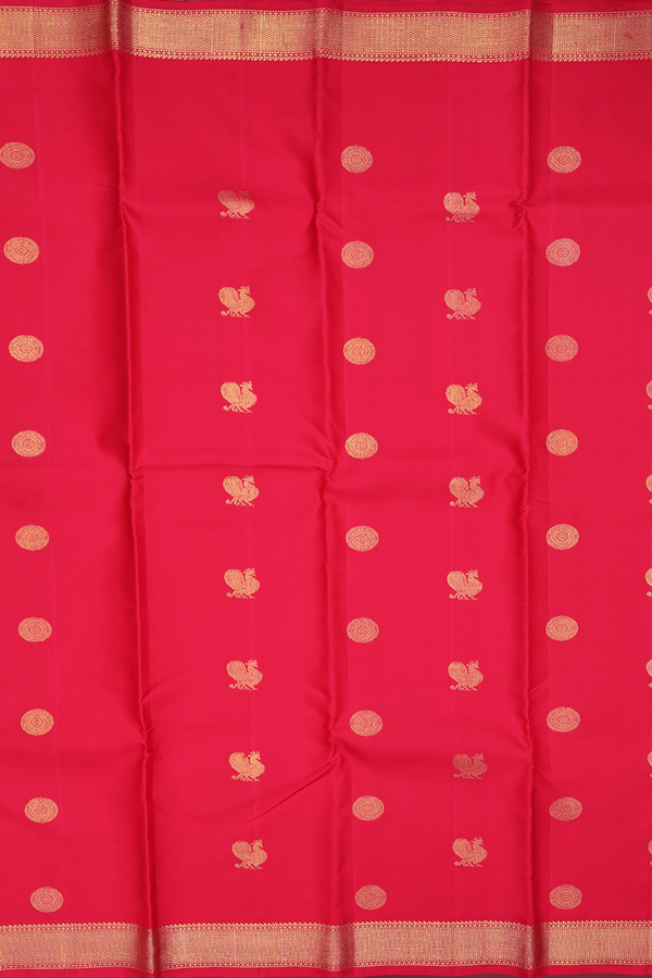 Kanchipuram Silk Saree In Crimson Red With Peacock Buttas