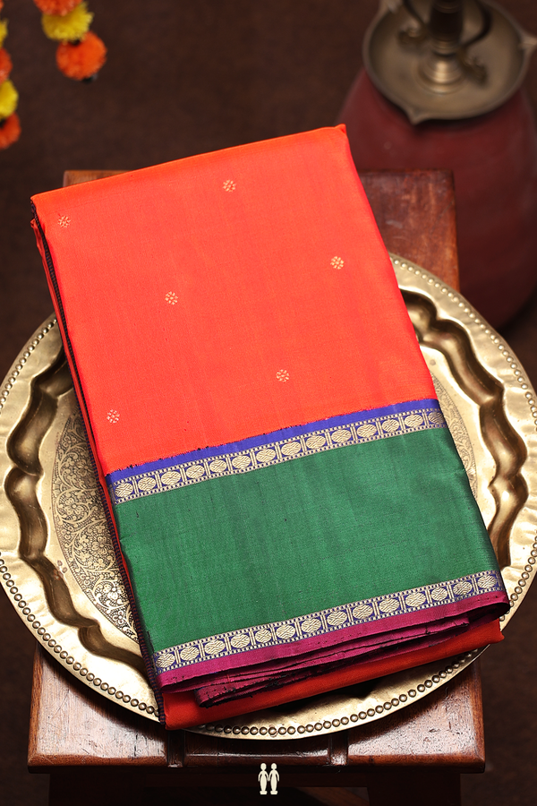 Kanchipuram Silk Saree In Spiced Orange With Floral Buttis