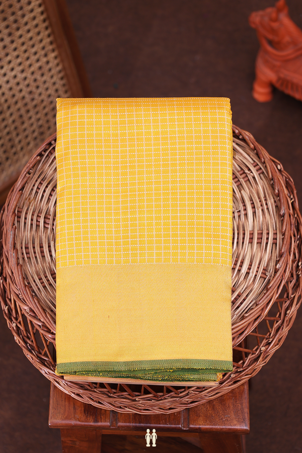 Kanchipuram Silk Saree In Saffron Yellow With Checks Design