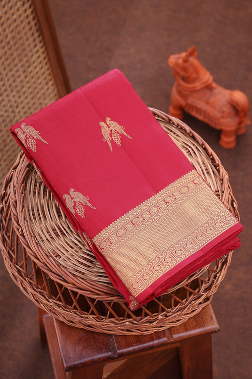 Kanchipuram Silk Saree In Red With Parrot Buttas