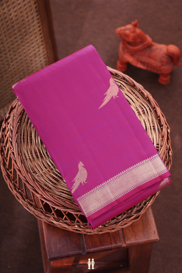 Kanchipuram Silk Saree In Plum Purple With Parrot Buttas