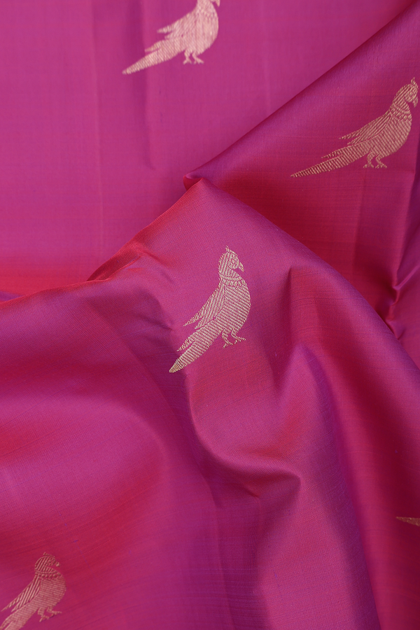 Kanchipuram Silk Saree In Plum Purple With Parrot Buttas