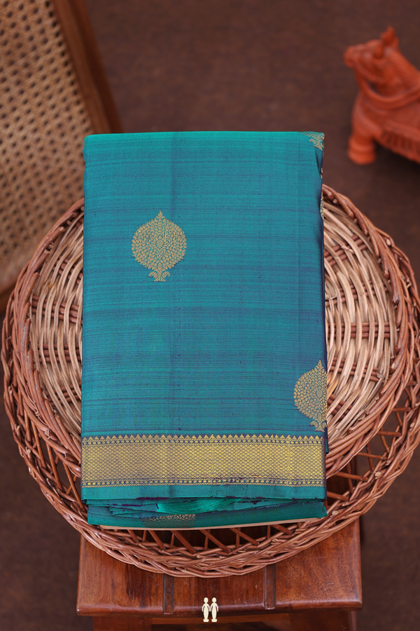 Kanchipuram Silk Saree In Peacock Green With Zari Buttas