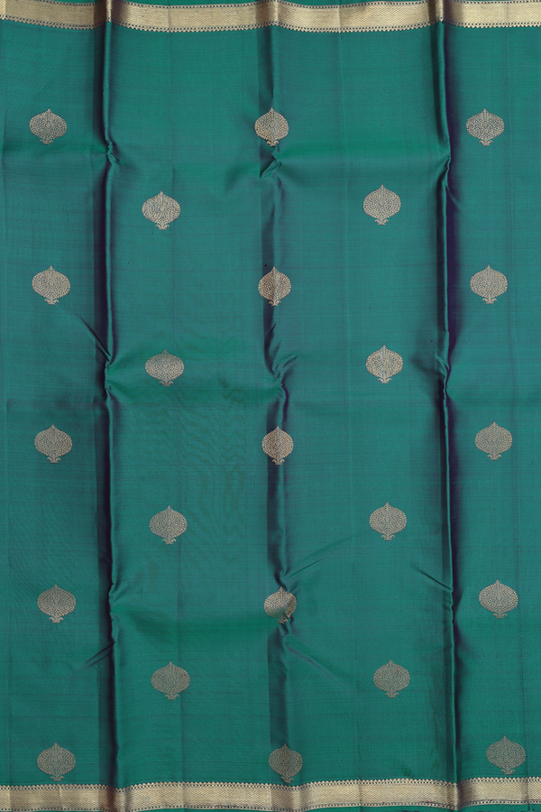Kanchipuram Silk Saree In Peacock Green With Zari Buttas