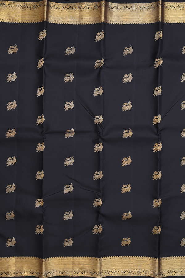 Kanchipuram Silk Saree In Black With Peacock Buttas