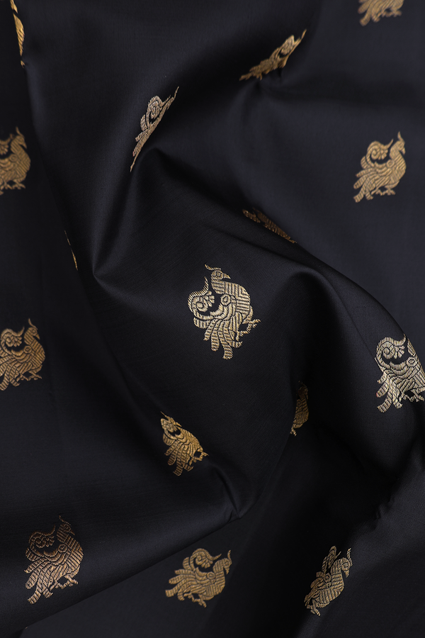 Kanchipuram Silk Saree In Black With Peacock Buttas