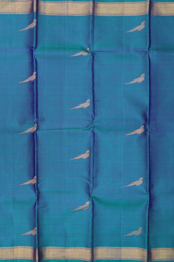 Kanchipuram Silk Saree In Peacock Blue With Parrot Motifs