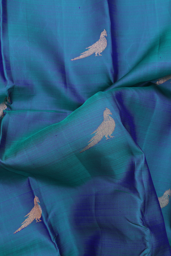 Kanchipuram Silk Saree In Peacock Blue With Parrot Motifs