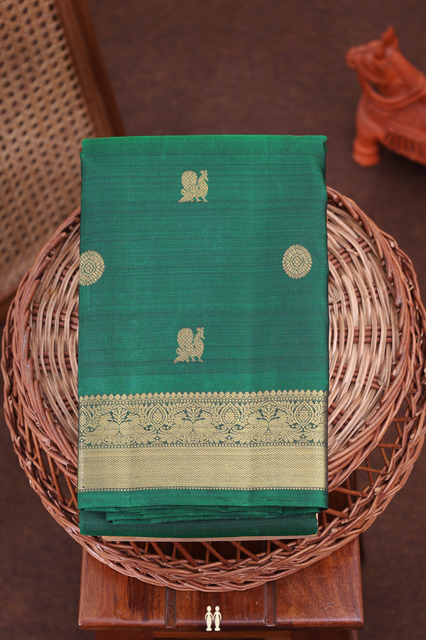 Kanchipuram Silk Saree In Forest Green With Peacock Buttas