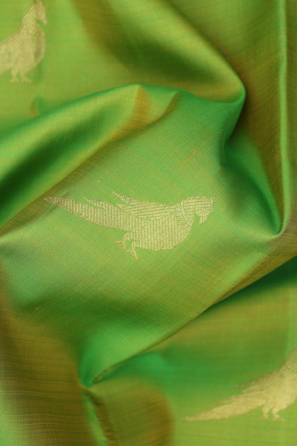 Kanchipuram Silk Saree In Lime Green With Parrot Motifs